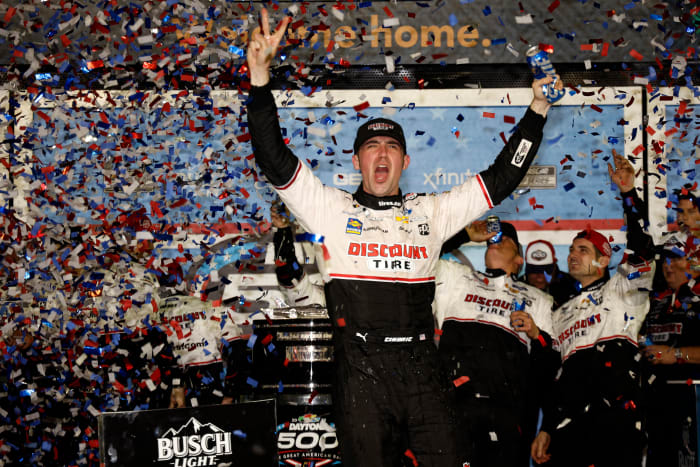Austin Cindric celebrates in victory lane after winning the 64th Daytona 500 last year at Daytona International Speedway. But he's really struggled for high finishes, let alone chances to win this season.(Photo by Chris Graythen/Getty Images)